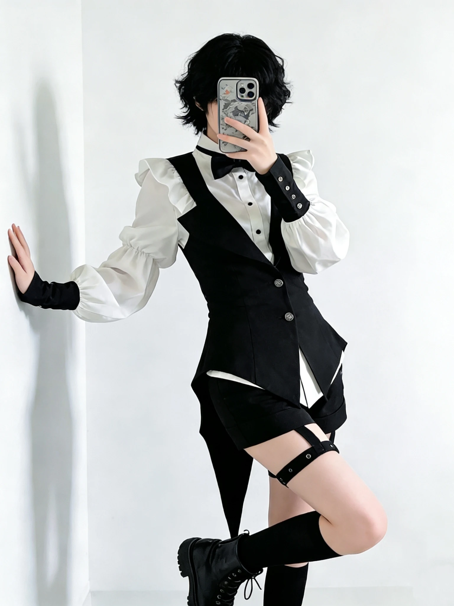 Gothic Style Lolita Prince White Shirt Black Vest Shorts Set Anime Cosplay Clothing for Boys And Girls Polyester Fiber Long S...