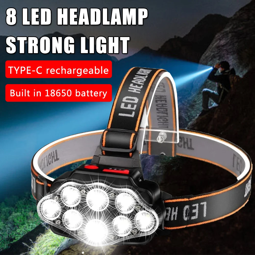 

Powerful 8 LED Headlamp USB Rechargeable Waterproof T6 Headlight Super Bright Outdoor Built-in 18650 Battery Lantern for Camping