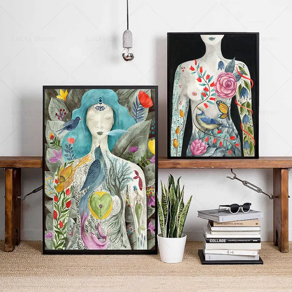 Divine Feminine Painting Bohemian Mindful Spiritual Canvas Poster Floral Women Watercolor Print Chakra Wall Pictures Room Decor