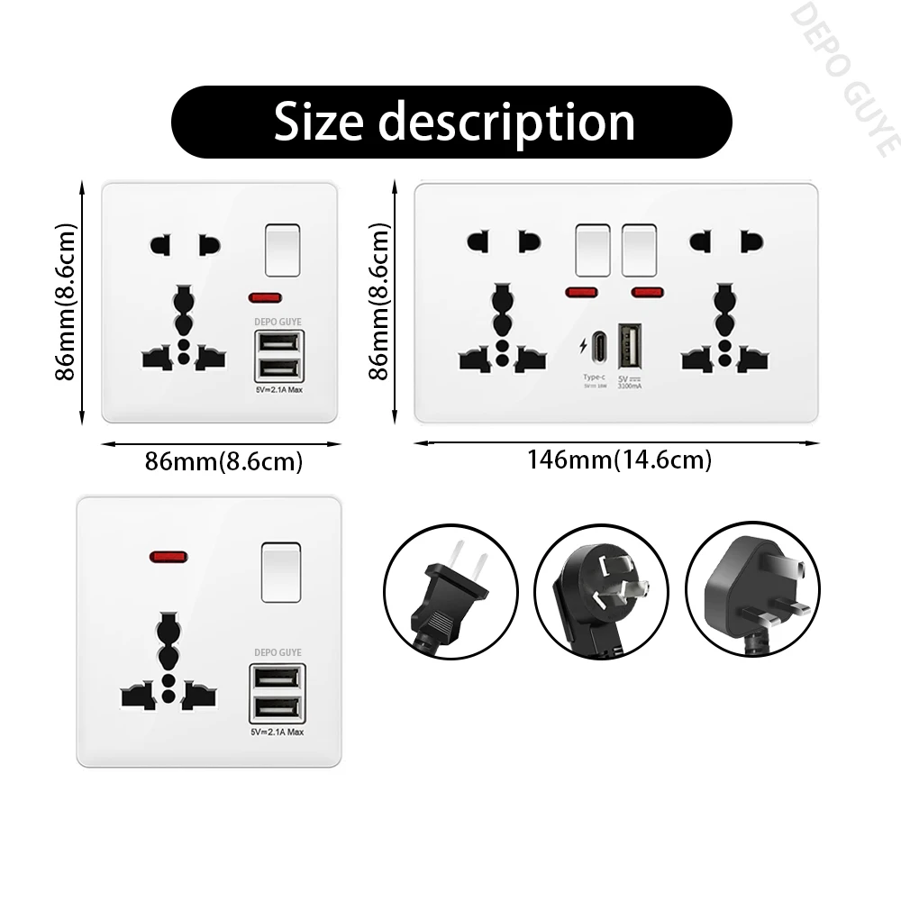 White UK Standard 13A USB Wall Socket Panel,Universal 18W Type-c Quick Charge Socket Plug,Wall Light Switch Electrical outlet