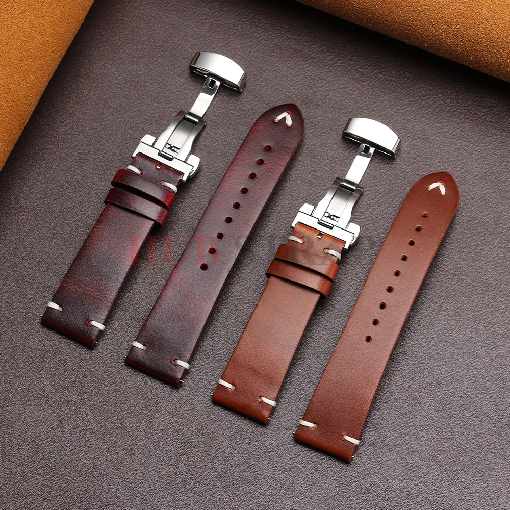 18mm 20mm 22mm Armband für Seiko Vintage Öl-Wachs-Leder Uhrenarmband Herren Damen Schmetterlingsverschluss Genähtes Rindslederband für Omega – Detail 12