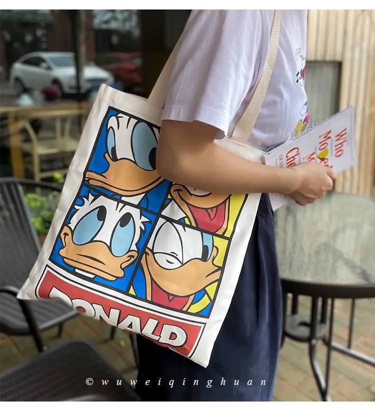 Disney Cartoon Canvas Tote Bags for Girls Anime Donald Duck Stitch Handbags Large Capacity Storage Pouch Cute Shoulder Bag Gifts