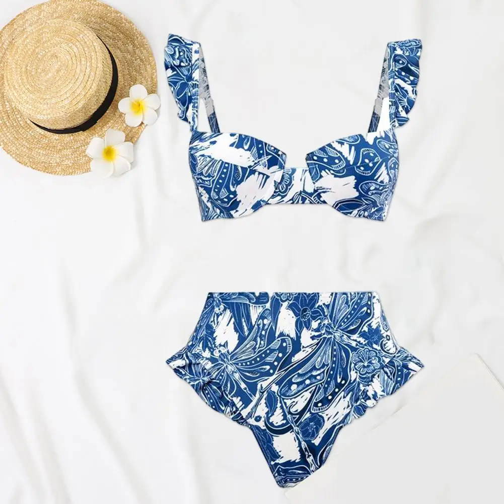 

Bohemian Printed Swimsuit Bohemia Style Ruffle Sleeve Bandeau Bra High Waist Swim Set Floral Print Two Piece Bathing Suit Women