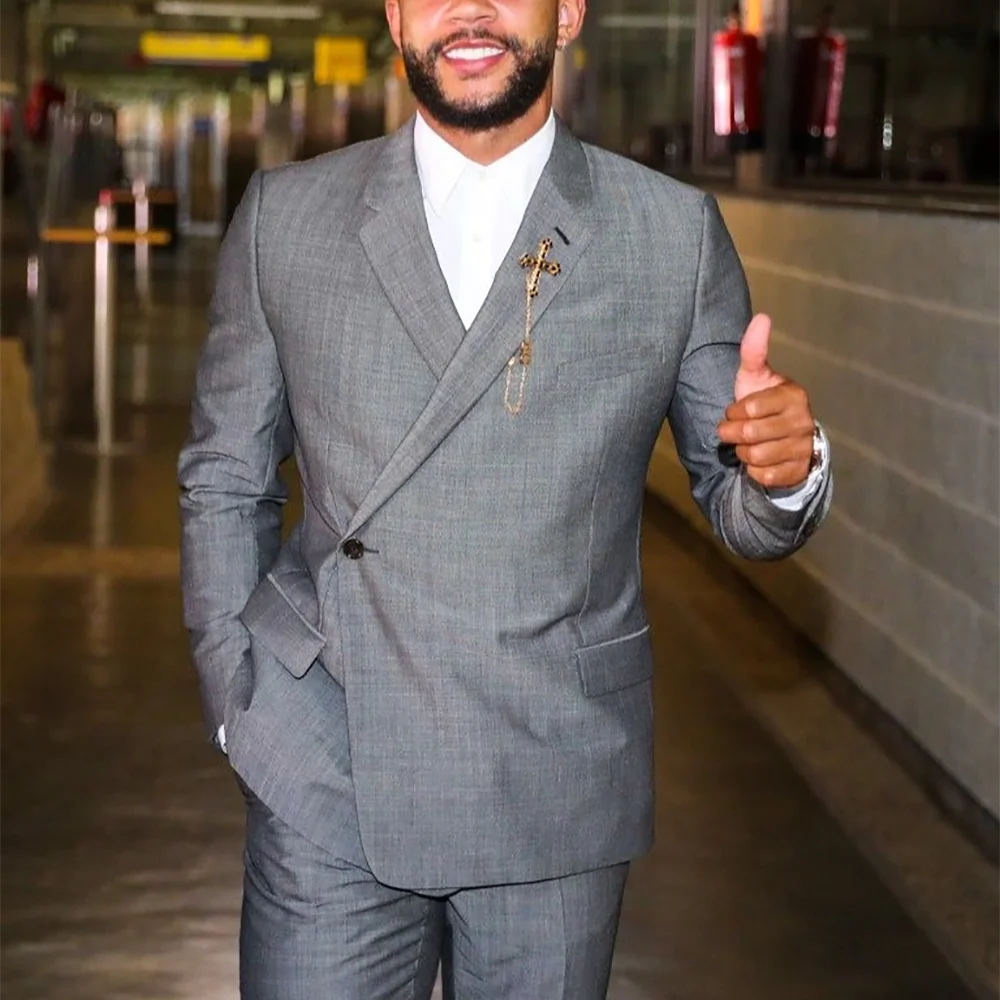 Chic Gray Men 2 Piece Suit Front Flat Incline Single Button Peak Lapel Slim Man Set Banquet Formal Party Prom Business Outfit
