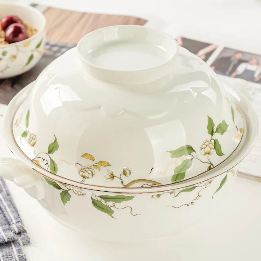 Tangshan Bone China Lotus soup pot high foot big soup bowl soup plate with cover ceramic soup bowl big soup basin soup pot