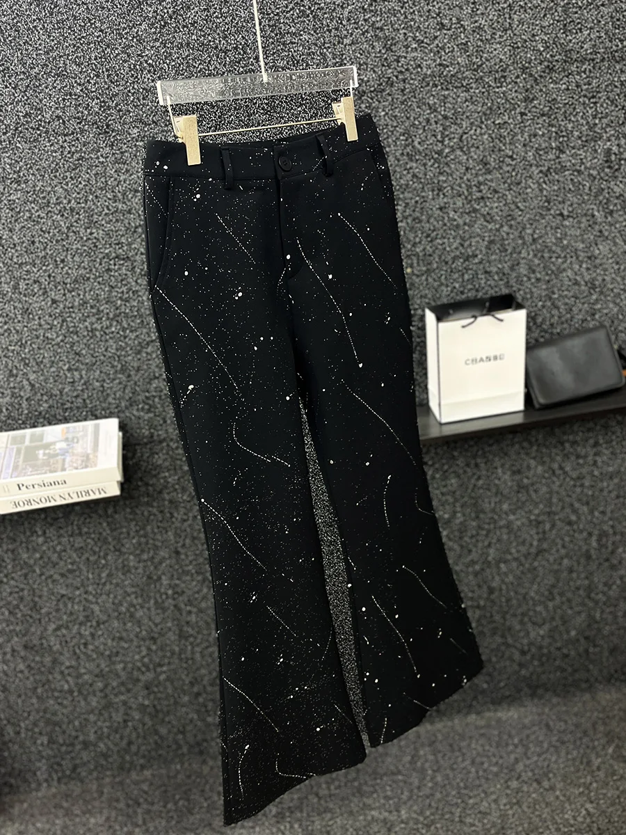 Korean Version Design Heavy Industry Hot Diamond Black Casual Pants Men's High-end Fashion Trend Loose Micro-flared Pants