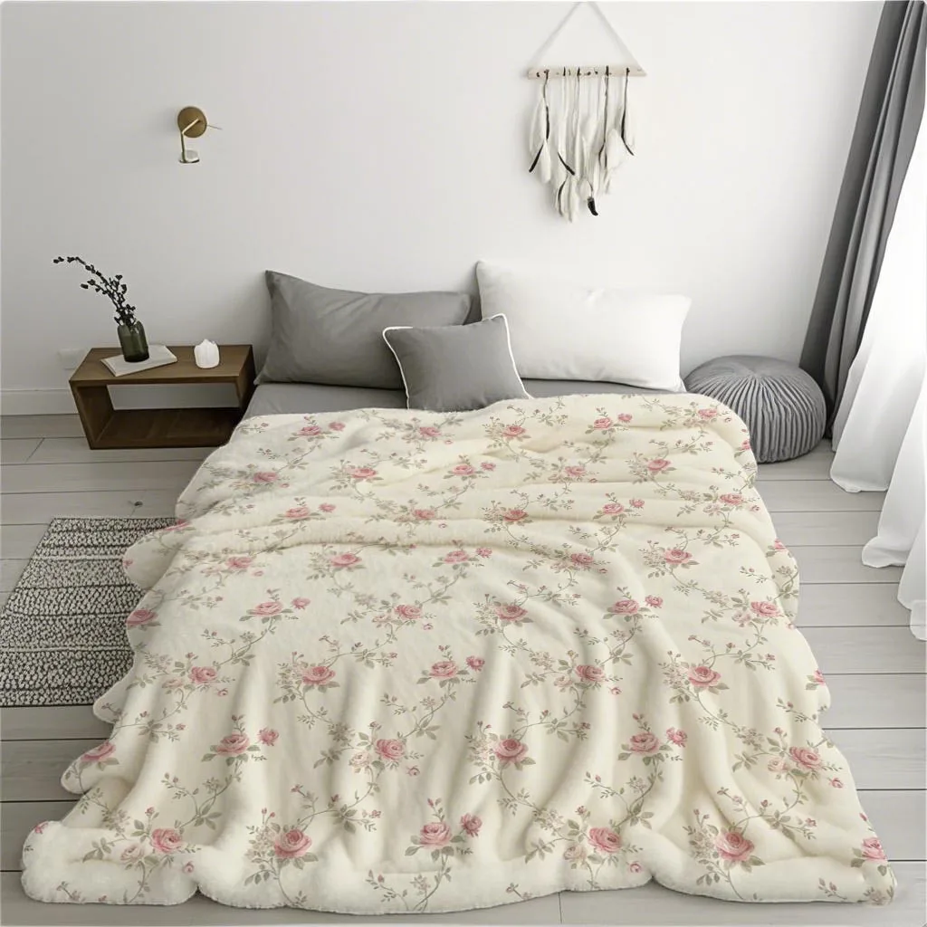 A Luxurious Vintage Rose Floral Art Print Flannel Blanket in Modern Style, Hypoallergenic, All-season Multi-purpose Bedding - Ma