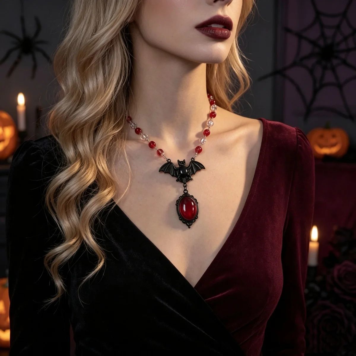 Kreative Gothic-Halskette mit rot-weißem Kristallperlen-Fledermaus-Anhänger für Damen und Herren, Halloween-Punk-Flugfledermaus-Choker, Cosplay-Party-Schmuck – Detail 4
