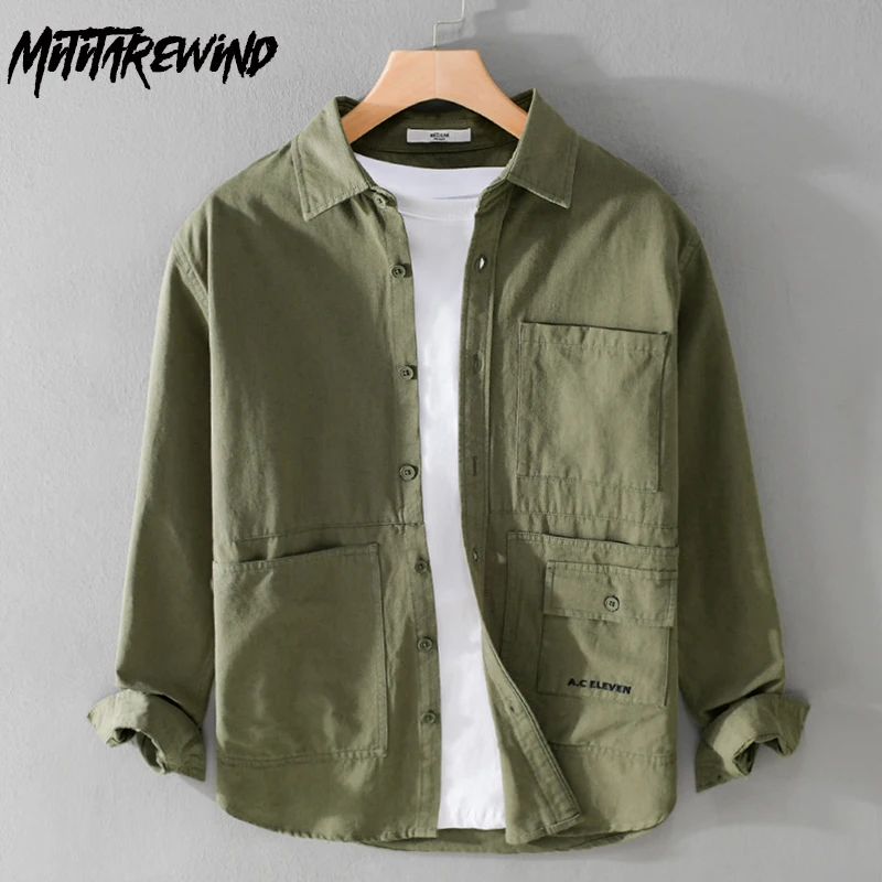 

Spring Autumn Workwear Men long Sleeve Tops Lapel Multi-pocket 100% Cotton New Green Shirt Retro Loose Men's Shirts Youth Casual