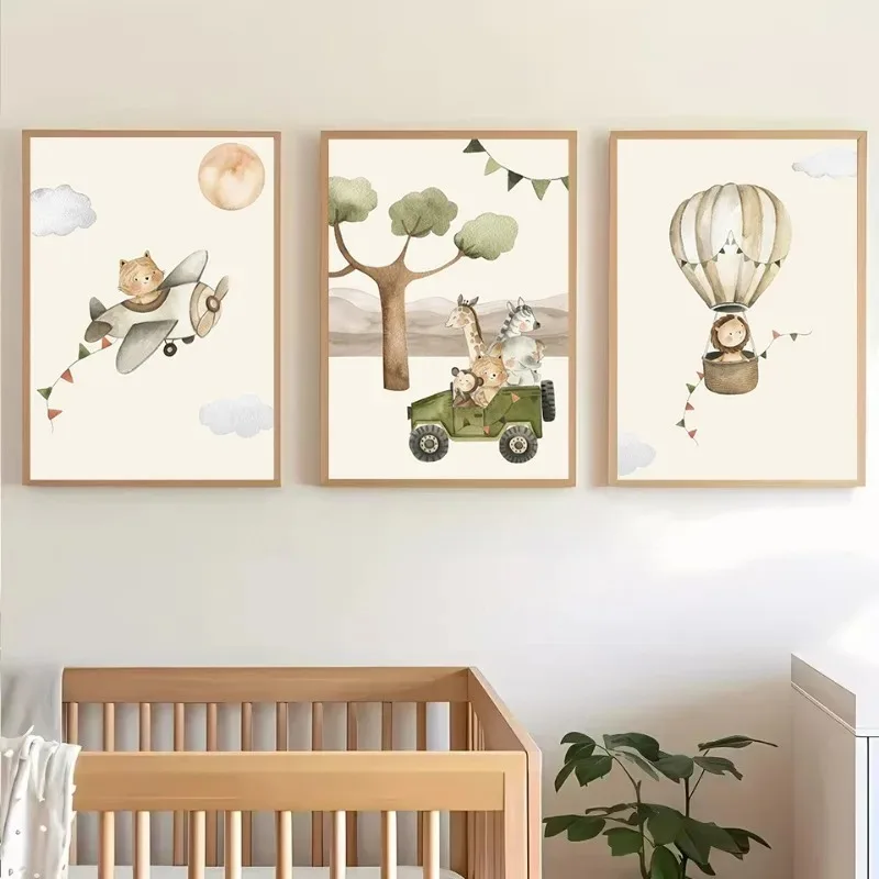 Watercolor Safari Adventure Animals Hot Air Balloon Airplane Cartoon Nursery Poster Canvas Painting Wall Pictures Home Decor