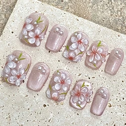 10pcs Handmade Press On Nails Flash Pink Short Square False Nail With Enbossed Peach Flower Design Wearable Manicure Summer Nail