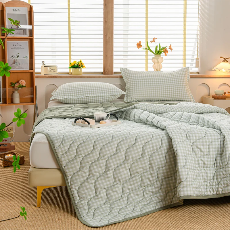 1PC Reversible Green Gingham Summer Quilt Double Sided Soft Washable Lightweight Air Conditioning Comforter