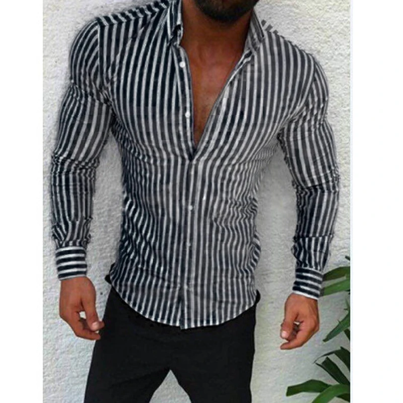 Streetwear Men Spring Summer 2023 Long Sleeve t Shirt Top Casual Cardigan Men Clothing Fashion Striped Printed Formal Shirt