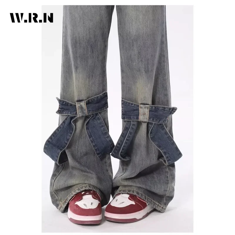 American Vintage High Waist Straight Jeans Bow Lace-up Pants Women's Casual Baggy Y2K Wide Leg High Street Style Denim Trouser