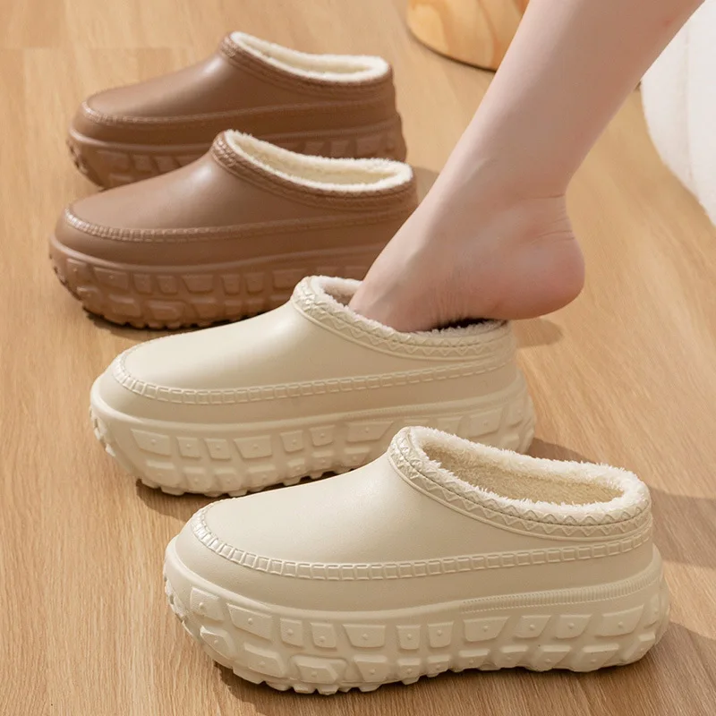 

Мужские теплые тапочки, модные уличные водонепроницаемые хлопковые плюшевые домашние тапочки без шнуровки, нескользящие толстые шлепанцы на платформе