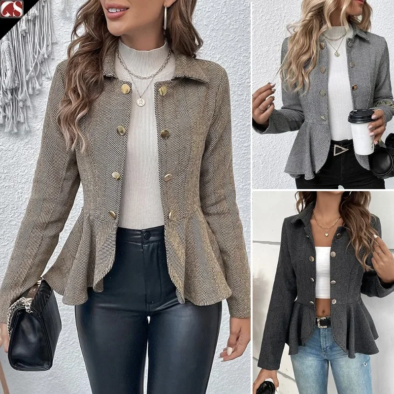 Elegant Lapel Ruffle Edge Blazer Woman Spring And Autumn New Double Breasted Buckle Office Suits Slim Thin Woman Clothing 2024