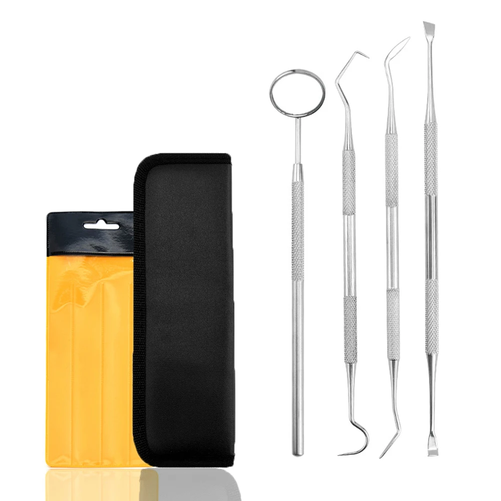 

4Pcs Stainless Steel Dental Tool Kit Oral Care Tartar Scraper Mouth Mirror Dentist Pick Tool Teeth Scaler Teeth Whitening Supply