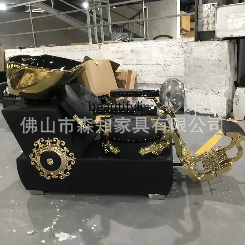 Barber shop shampoo bed, special gold ceramic basin for hair salon, half-lying American shampoo bed for hair salon