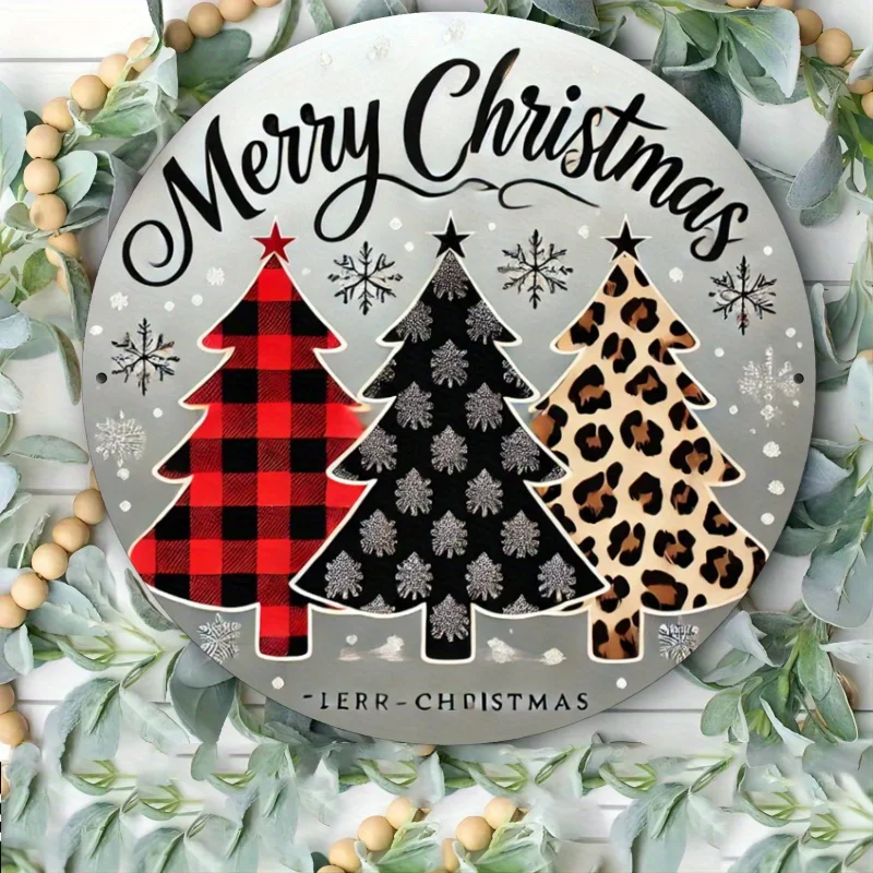 ديكور الغرفة، لافتة إكليل شجرة عيد الميلاد المجيد من الحديد الريفي - ديكور حائط للعطلات ثلاثي الأبعاد مع لهجات طباعة الفهد، حديد متين #4