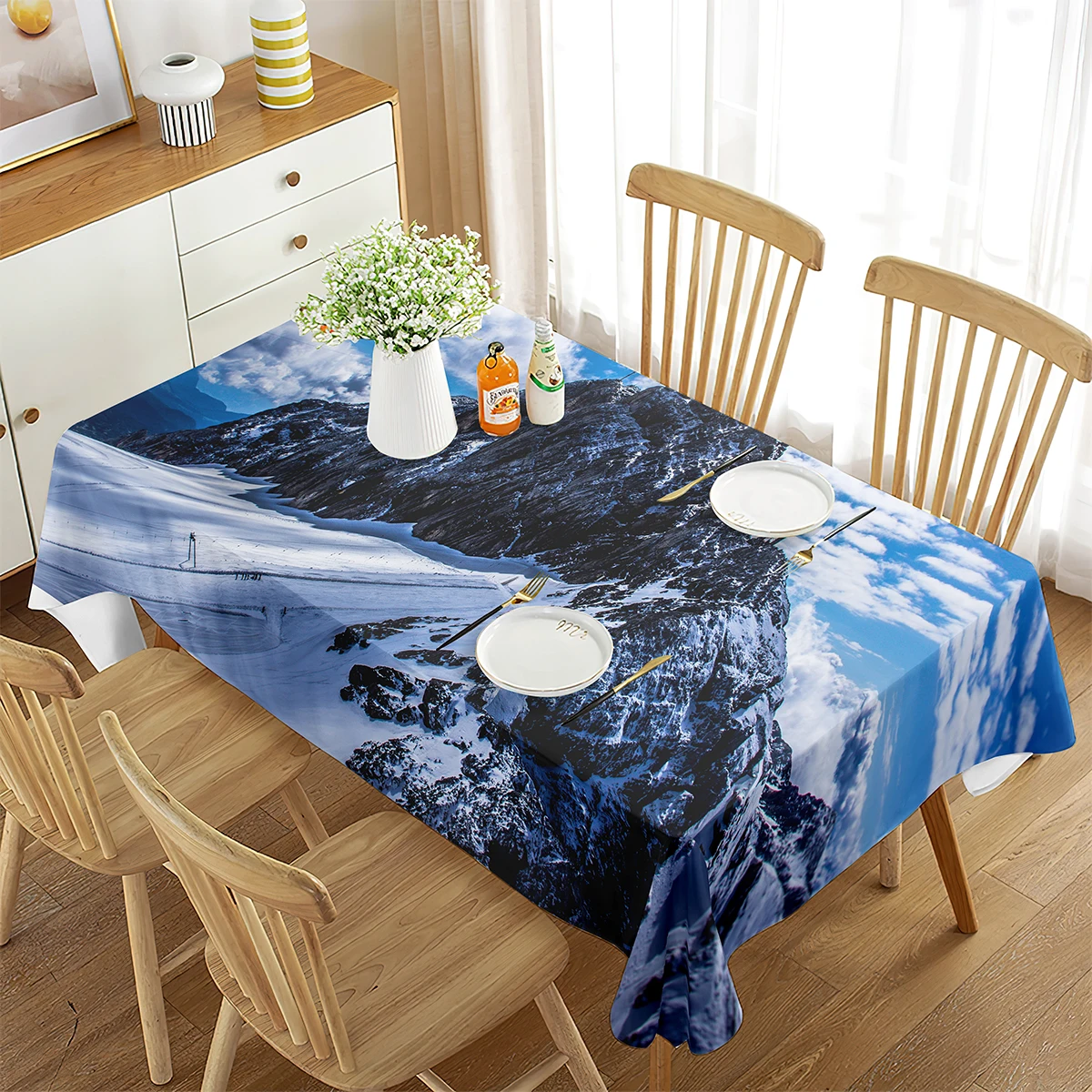 Winter Snow Mountain Tablecloth Pink Purple Sunset In Snow Calm View Theme Aesthetic Decorative Home Dining Room Kitchen Table