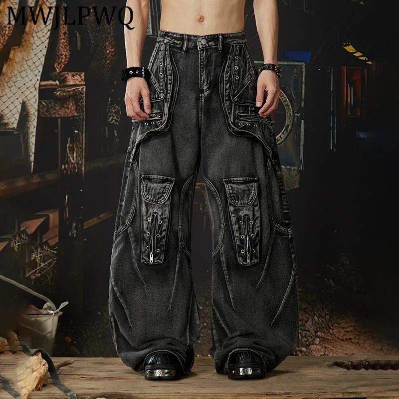 

MWJLPWQ Men's New Heavy-Duty Deconstructed Jeans Three-Dimensional Pocket Washed Vintage Loose-Fit Trousers Spring Autumn 14917