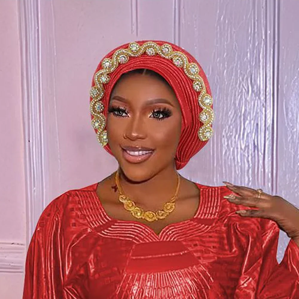

Nigeria Wedding Geles Headtie Party Head Ties Bonnet Head Wrap Already Made African Auto Gele Women Turban Cap Hijab Headscarf