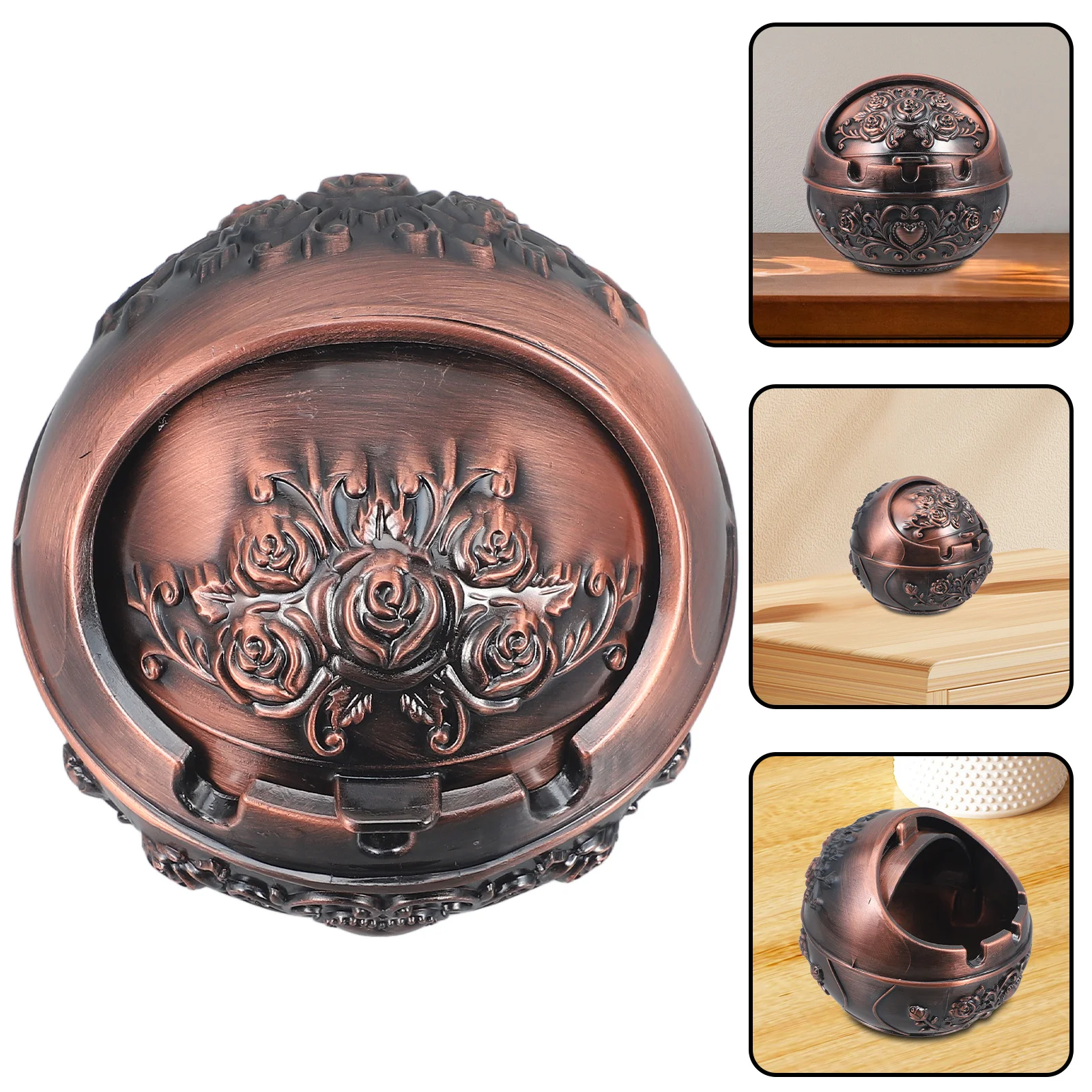 

Retro Ashtray Zinc Alloy Windproof With Lid For Cigarettes Smoke Indoor Outdoor Use Decorative Metal Holder Globe Style