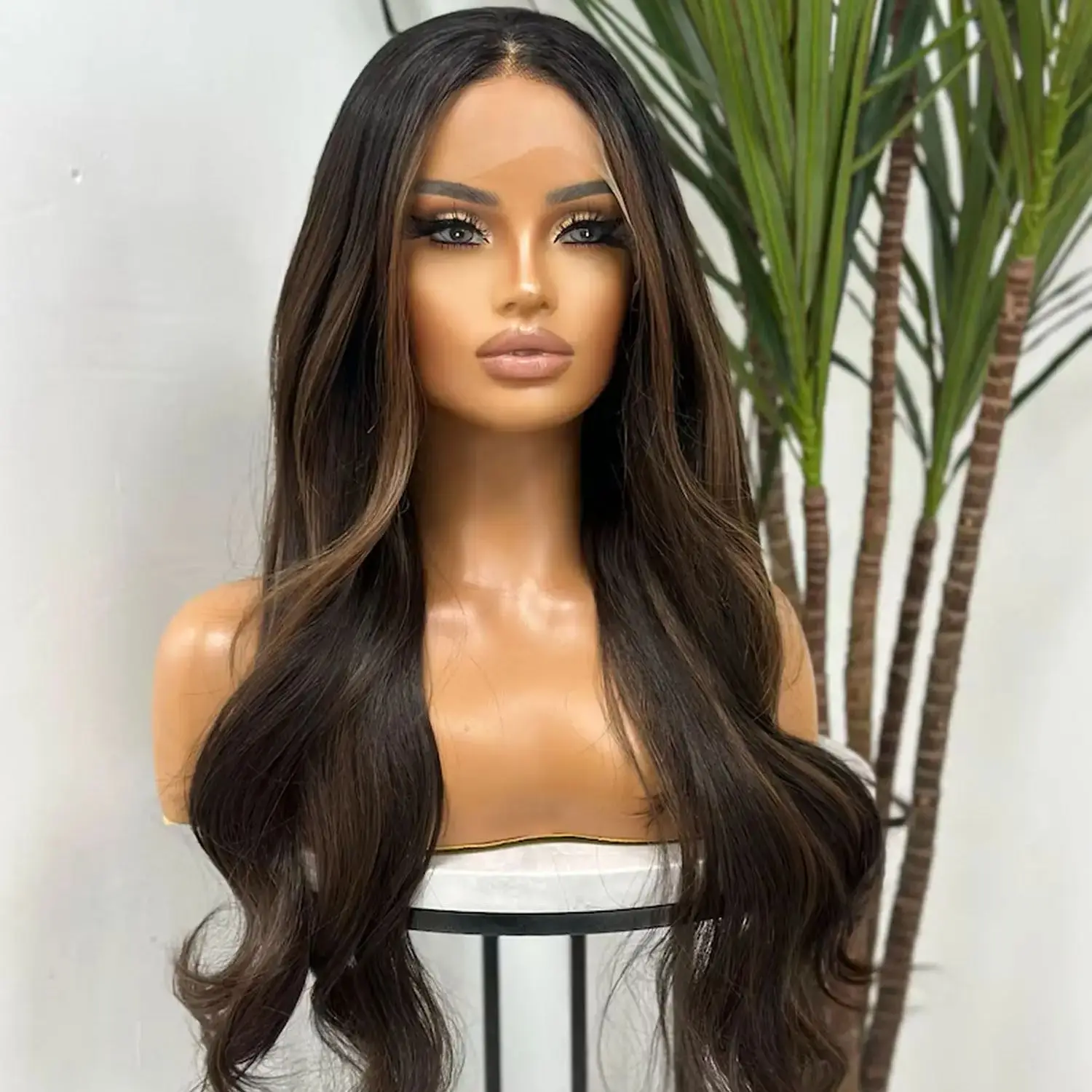 Brunette Fibre 28 Inches Dark Chestnut Brown Highlights Lace Top Wigs Body Wave Balayage Glueless Wigs Synthetic Hair Daily Use
