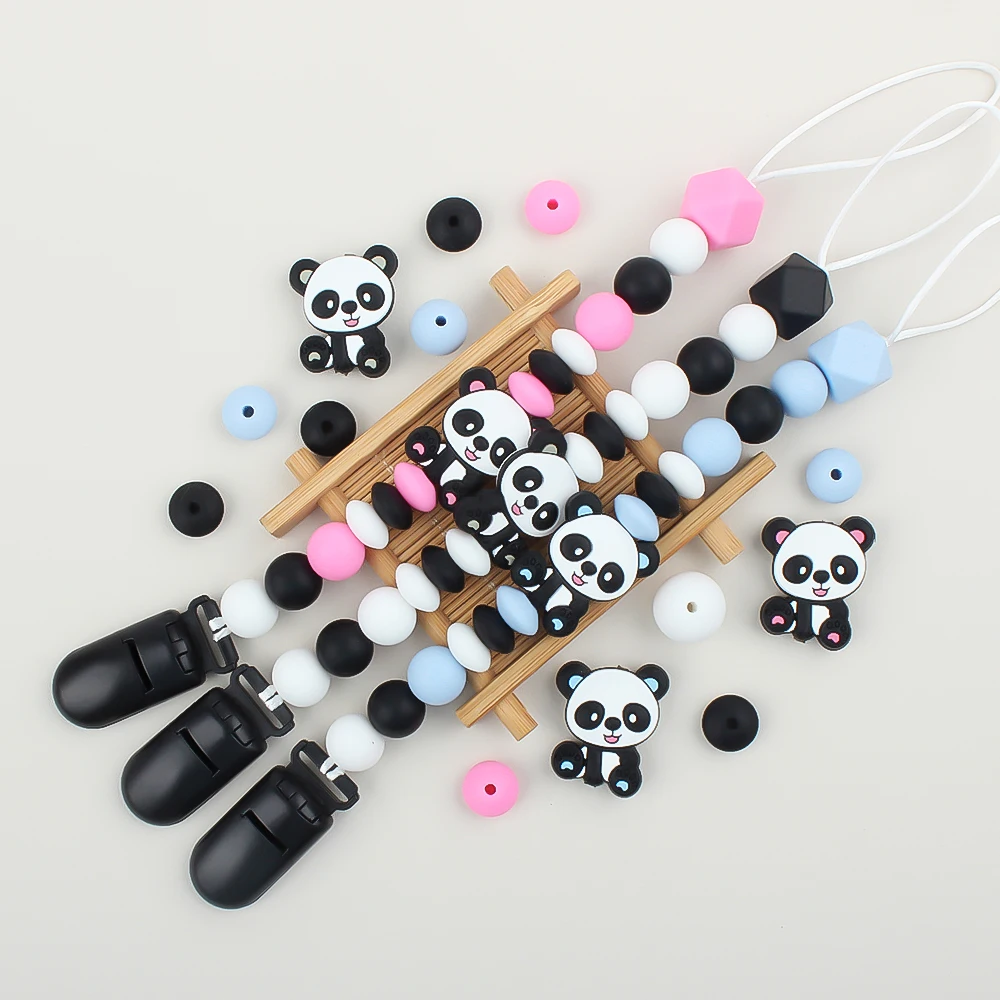 Pacifier Chain Clips Baby Nipple Holder Panda Dummy Clip Silicone Beads Food Grade Teething Teether Soother Chain Newborn Gift