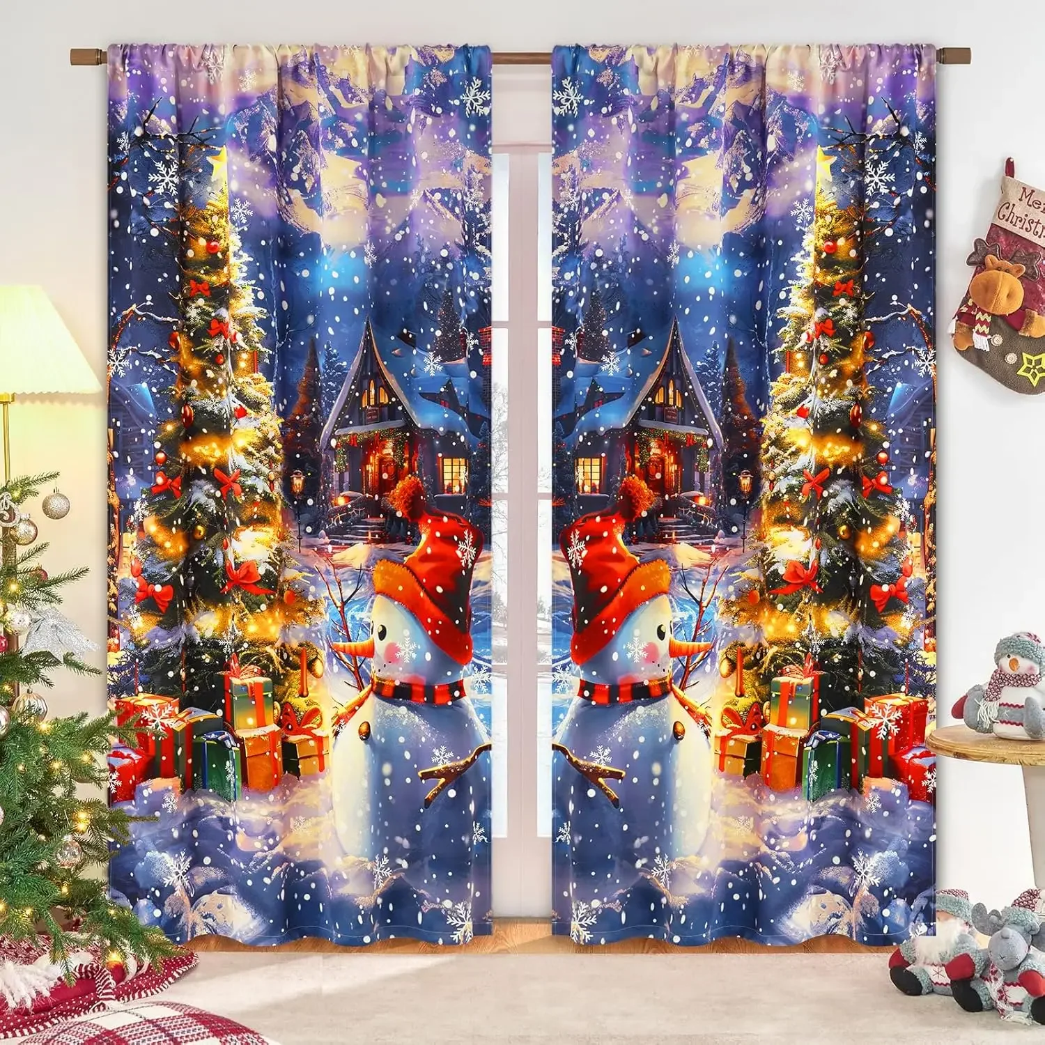 Christmas Window Curtain Xmas Tree Curtains for Living Room, Blue Darkening for Bedroom, Snowflake Rod Pocket for Nursery Kid