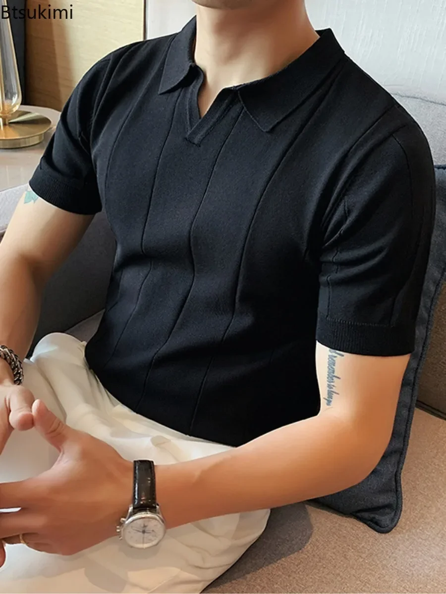 

2025 New Men's Ice Silk Short Sleeve Polo Shirt British Casual Business Ruffian Handsome V-neck Knitted Tops Summer Men Clothing