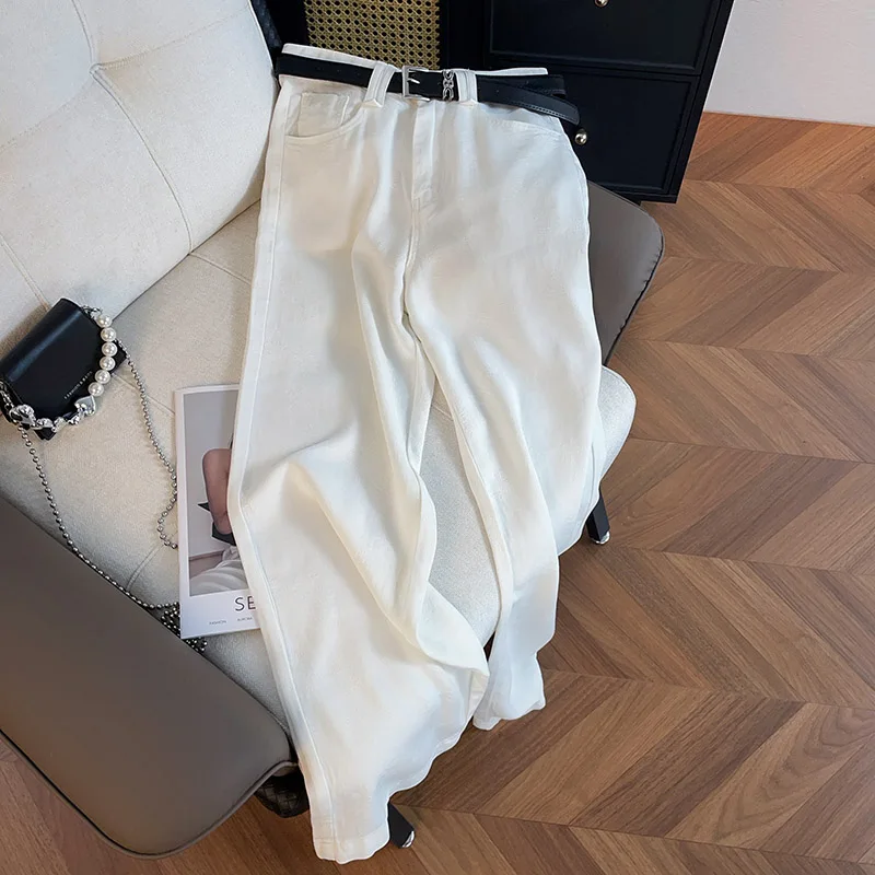 

Белые джинсовые брюки с высокой талией, свободного кроя, широкие штанины, повседневные, универсальные, женские, премиум-класса, осенняя новинка, прямой крой