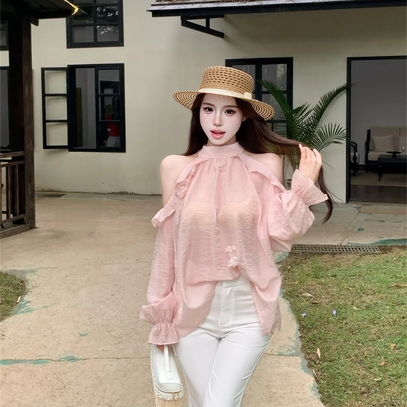 

Elegant Pink Off-Shoulder Long Sleeve Chiffon Shirt Women's Summer New Style Lace Trim Neck Hanging Shirt Trendy Top
