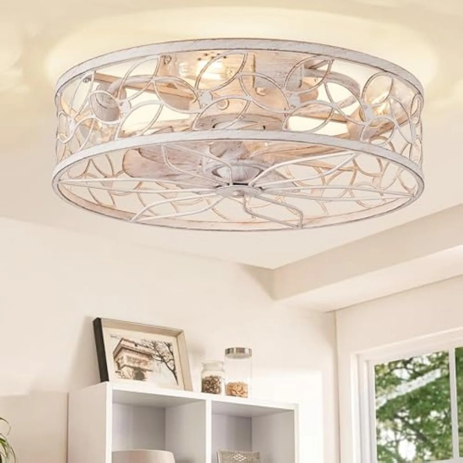 

US Caged Ceiling Fans with Lights, White Flush Mount Ceiling Fan with Remote, Small Low Profile Bladeless Ceiling Fan Light