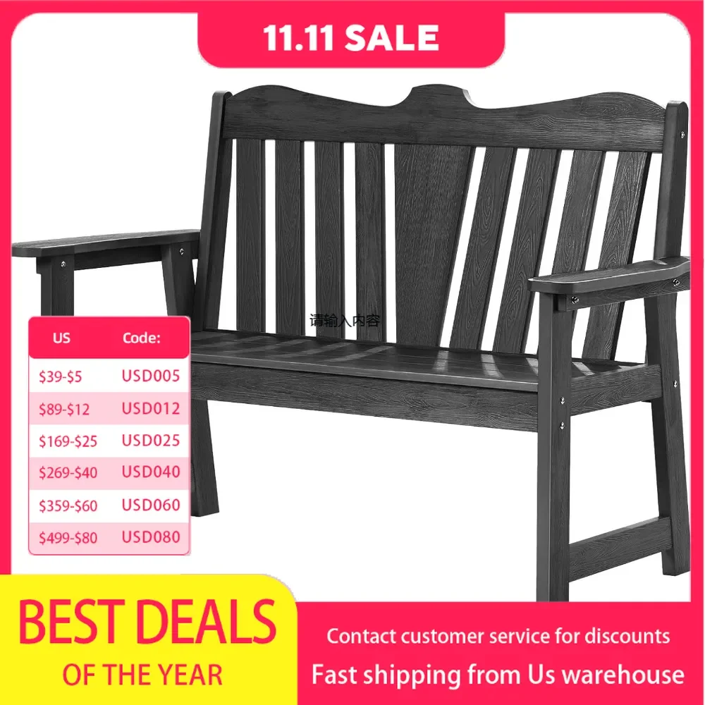 Outdoor Bench, 2-Person Weatherproof Garden Bench with Wide Armrests and Backrest, All-Weather Patio Bench Will not Rot and Fade