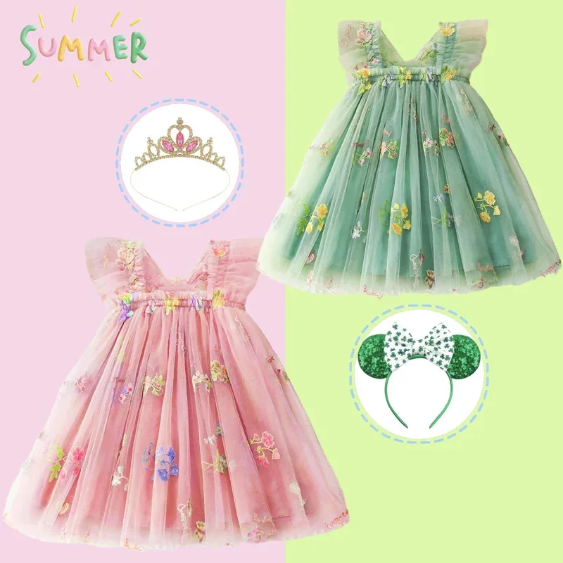 

XT82025 Summer Little Girl's Dress Petal Sleeve Sling Mesh Gown Kids Cute Birthday Bow Outfits Flower Girl Wedding Party DrXT6@!