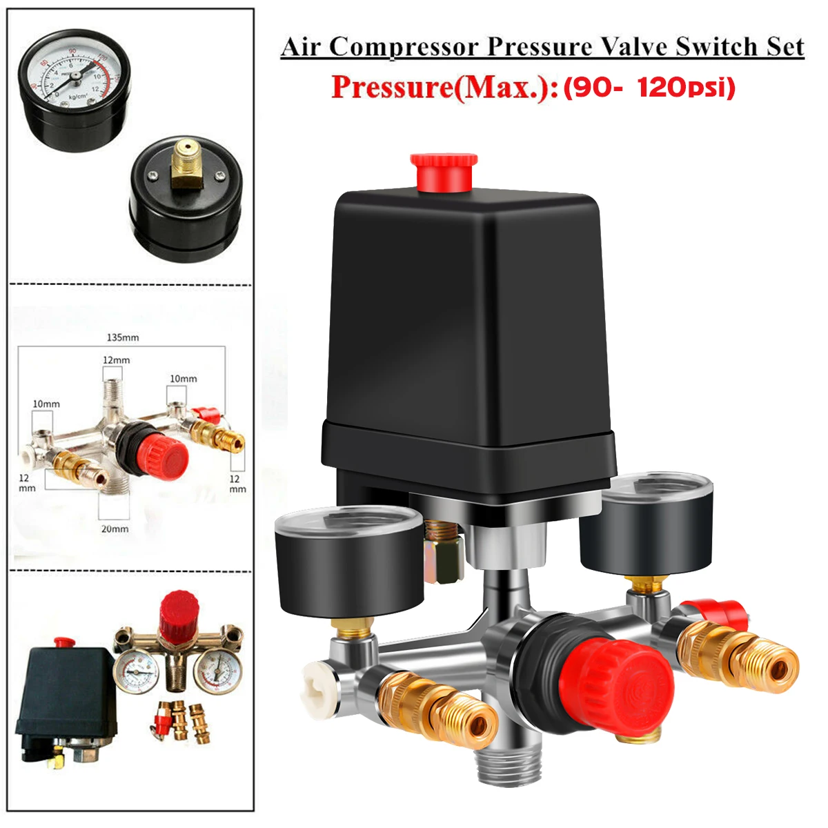 Air Compressor Parts 90-120PSI Pressure Switch Manifold Regulator Gauges 220-380V Aluminum Air Compressor Pressure Switch Contro