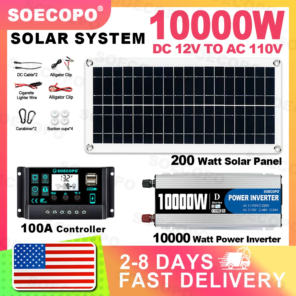 

(Delivery within 2-8 days)SOECOPO 10000W Solar System Kit 12V To 110V Inverter 100A Controller 200W Solar Panel Home/Camping