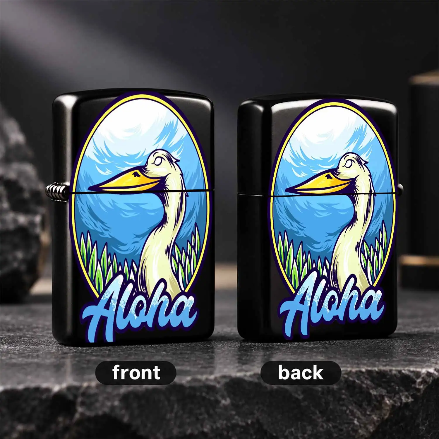 Vintage Aloha Pelican Pattern Lighter Creative Tropical Seabird Art Oval Print Design Portable All-Purpose Lighter For Camping Home Daily Use Decorative Exquisite Gift For Friends And Hobbyists A Humorous And Interesting Lighter