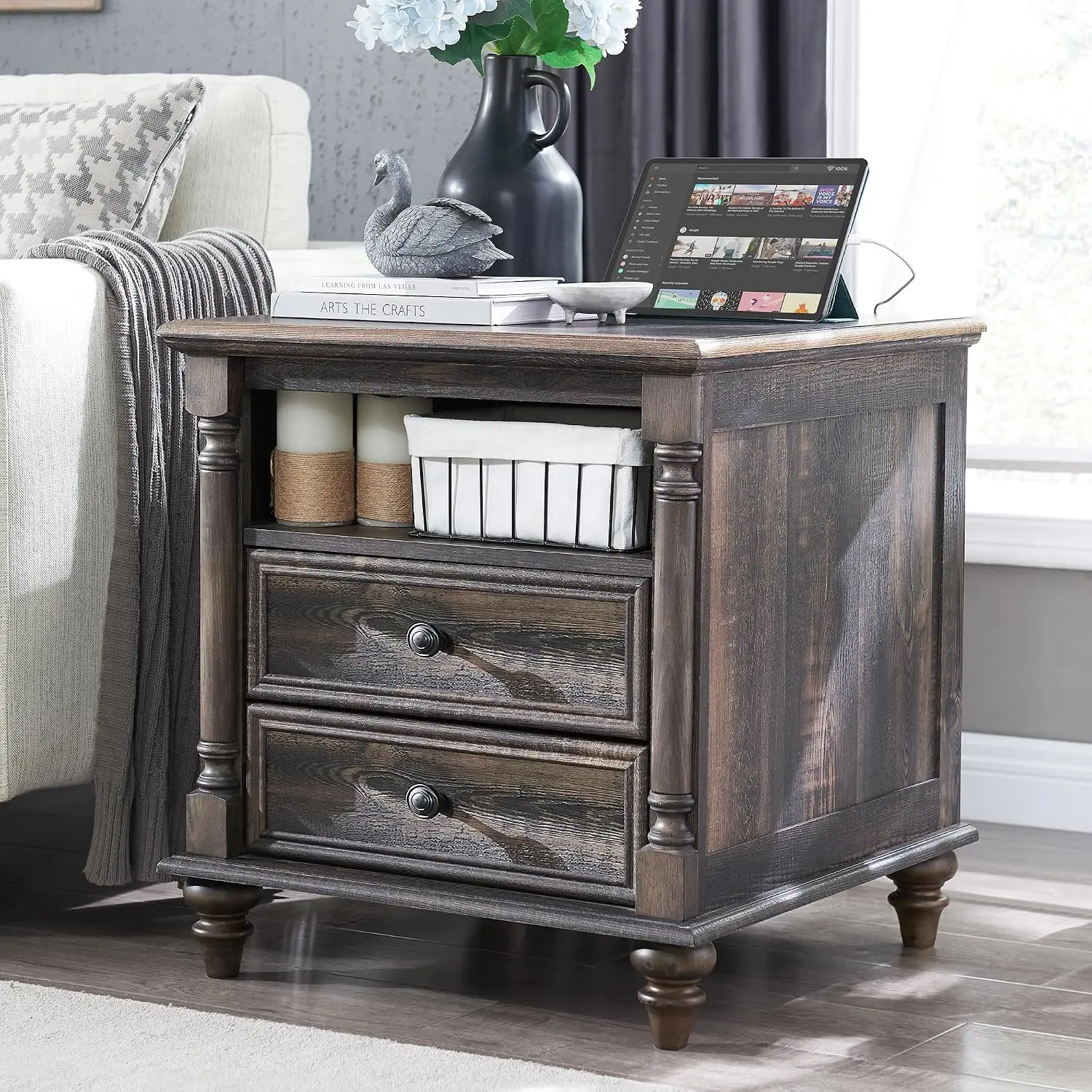 Farmhouse Nightstand with 2 Drawers, Dark Rustic Oak, Customized
