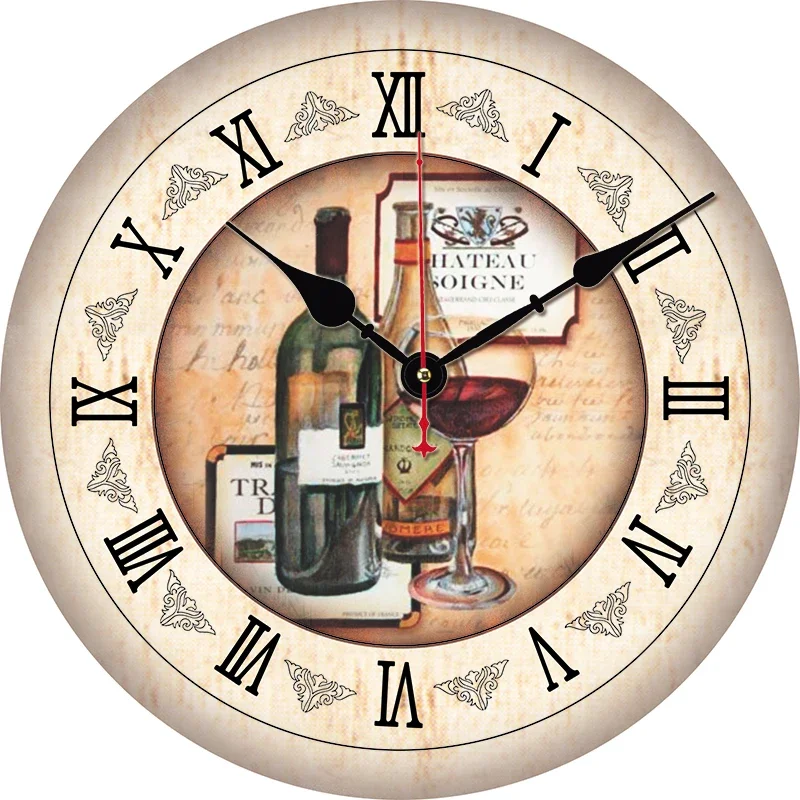 Vintage Red Wine Kitchen Round Wall Clock Large Dinning Restaurant Cafe Decorative Wall Clock Silent Non-Ticking Nice For Gift