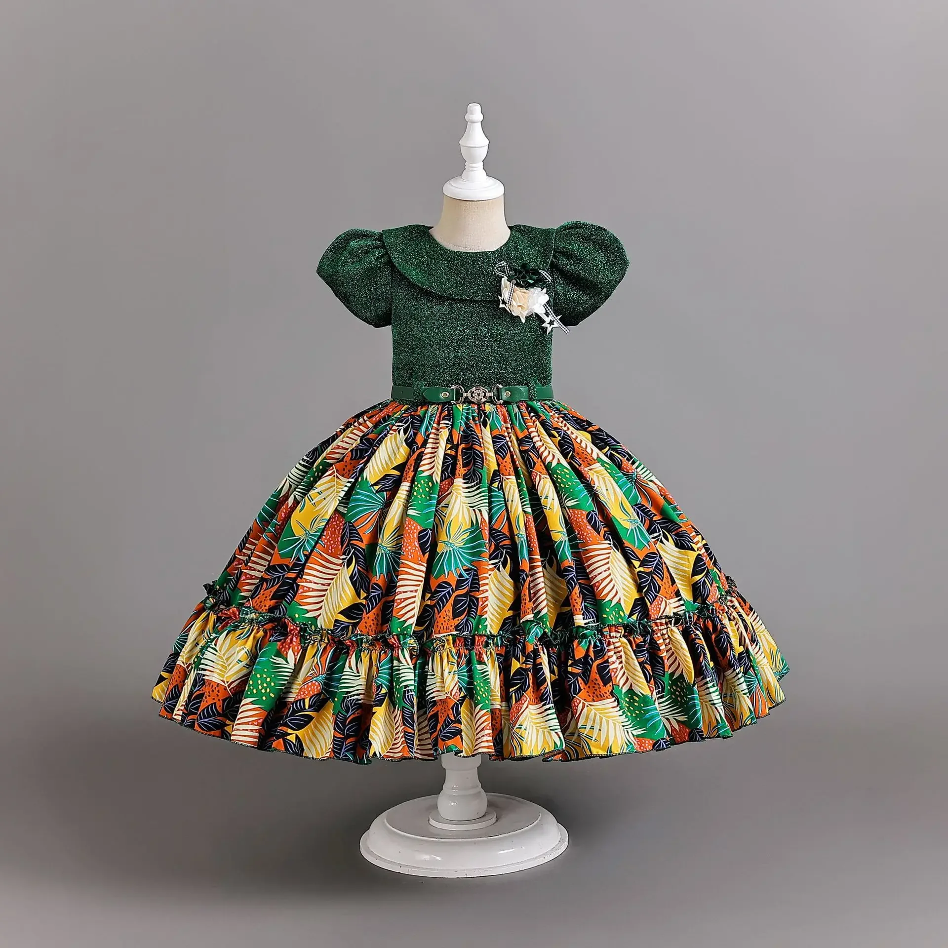 Robe florale rétro avec ceinture en cuir pour enfants, robe de soirée pour enfants, robe de Rhélégante pour bébé fille, costume pour enfants, 4-12 ans