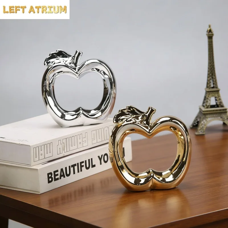Hollow Apple Ornament Electroplated Ceramic Fruit Sculpture Pear Statue Model Simulated Fruit Desktop Decoration Crafts Gifts