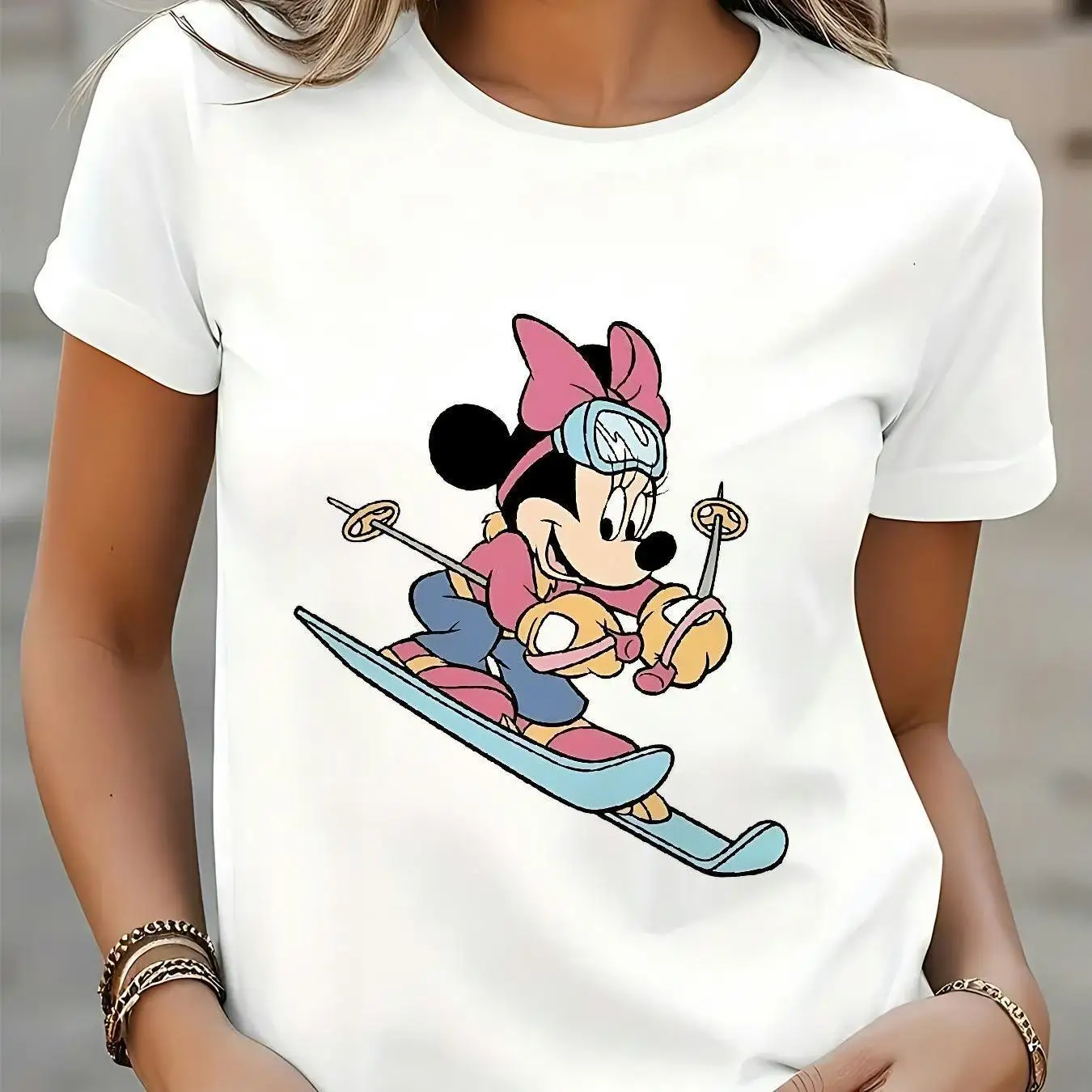 

Women'S Casual Graphic T-Shirt - Short Sleeve, Round Neck, Stretchy Polyester Blend, Black with Pink & Blue Minnie Mouse Design