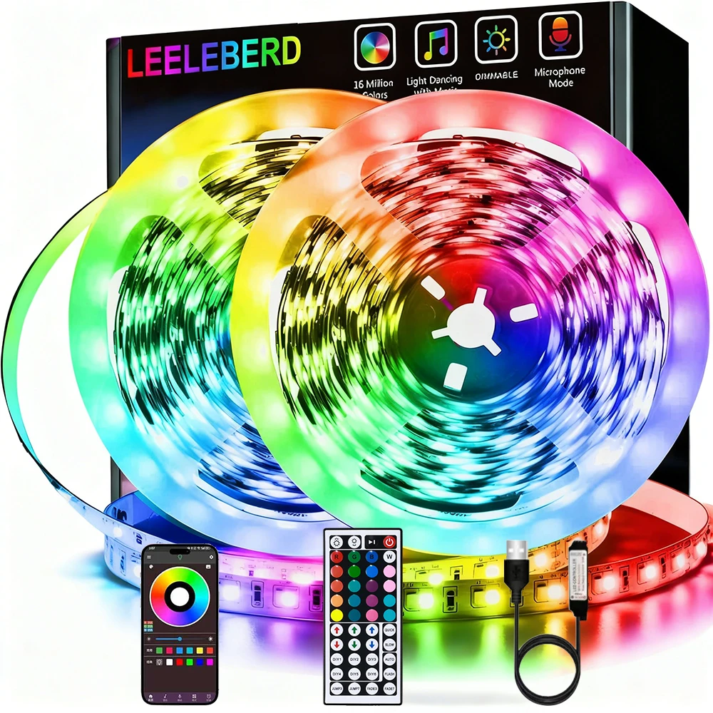 شريط أضواء Led 12D 1-40M لغرفة النوم، مجموعة شرائط إضاءة LED متغيرة الألوان مع 44 مفتاحًا عن بعد بالأشعة تحت الحمراء والتحكم في التطبيقات الذكية، RGB