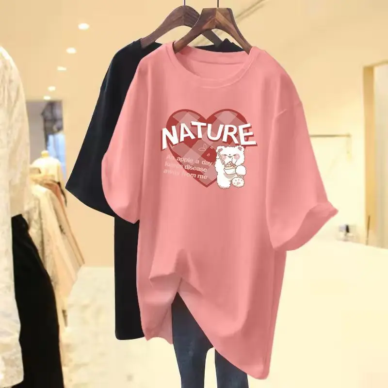 

Women Clothing Love Cartoon Printed Tops Summer Crew Neck Pure Cotton Loose Short Sleeve Pullovers Lady Basics Tee Shirt