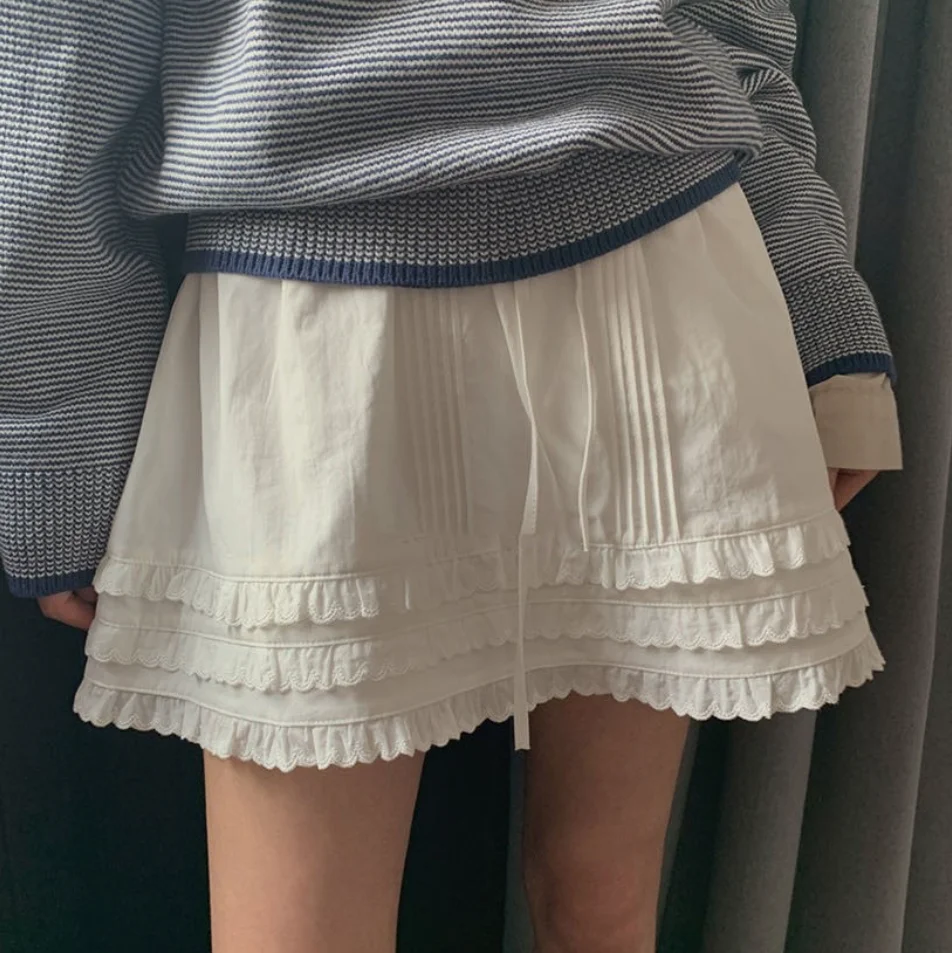 

Юбка ort f с высокой талией и рюшами, кружевная однотонная универсальная юбка-тортик, корейская хлопковая повседневная повседневная юбка трапециевидной формы