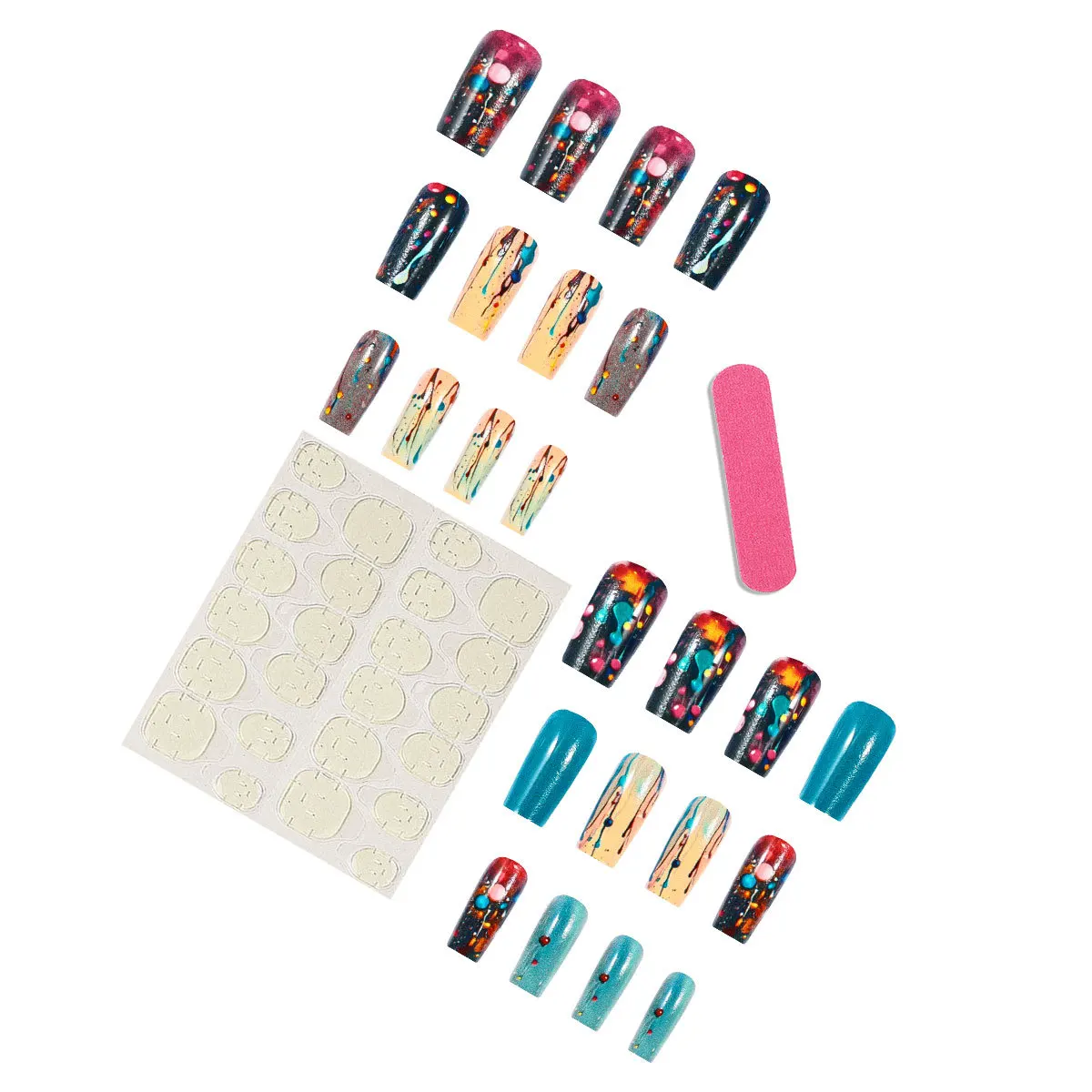 24PCS Colorful Dots Medium Square False Nails Glitter Contrast Color Retro Nail Tips Sweet Cool French Wearable Fake Nails Patch