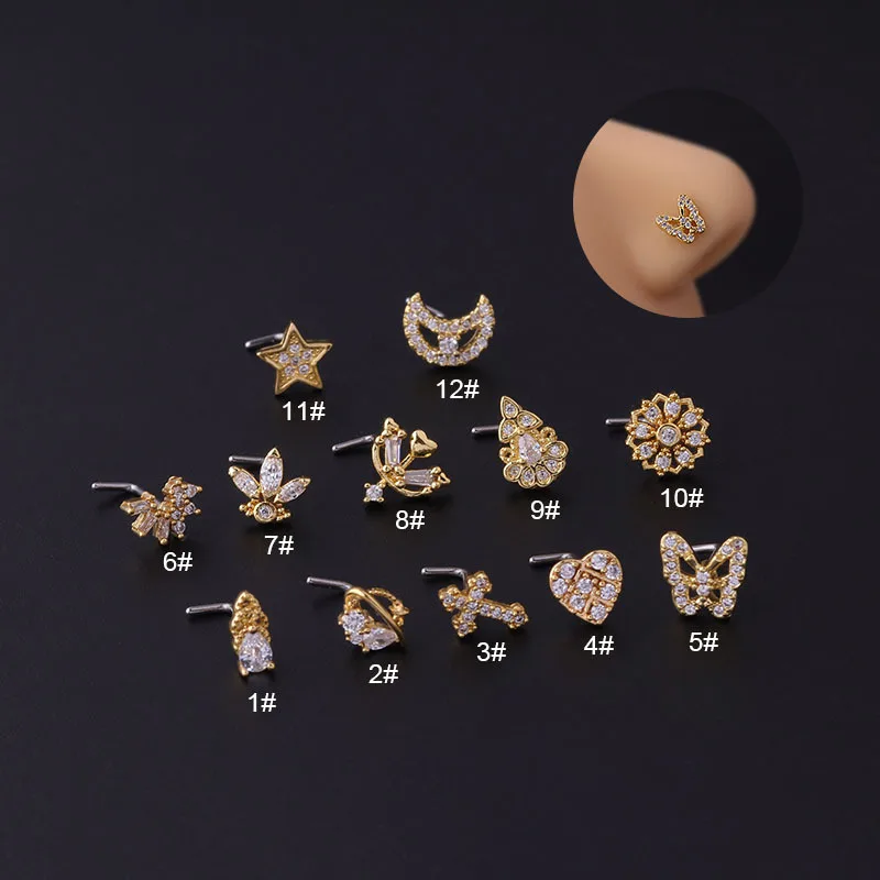 New Design 1PC Stainless Steel Nose Rings Nose Stud Zircon Butterfly Star Moon L Shape Nose Studs Screw Nose Piercing Jewelry