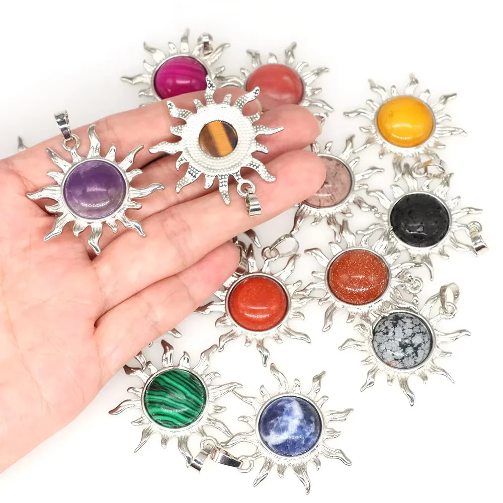 Natural Gem Stone Quartz Crystal Amethyst Plated Silver Alloy Sun Pendant Jewelry Making Accessories Sun Necklace Gift